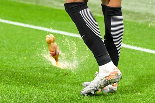 Eine fast voll Getraänkeflasche landet neben dem Leipziger Christopher Nkunku im Groupama Stadion auf dem Spielfeld.