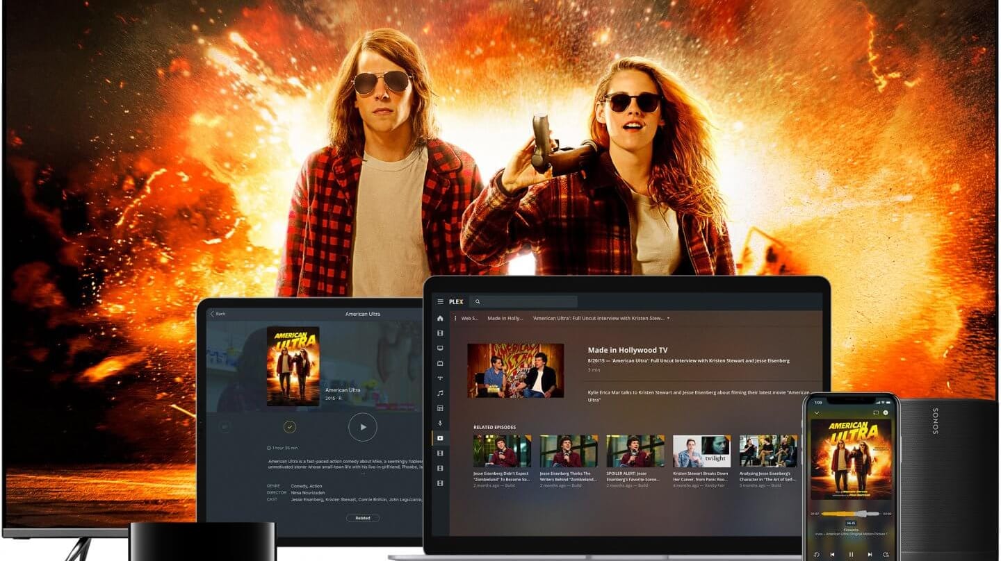 Streamingdienst Plex.tv wird auf diversen Bildschirmen angezeigt: Plex ist jetzt auch in Deutschland mit kostenlosen Filmen gestartet.