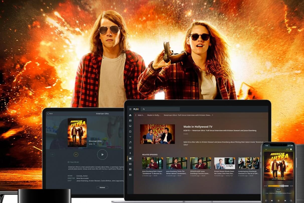 Streamingdienst Plex.tv wird auf diversen Bildschirmen angezeigt: Plex ist jetzt auch in Deutschland mit kostenlosen Filmen gestartet.