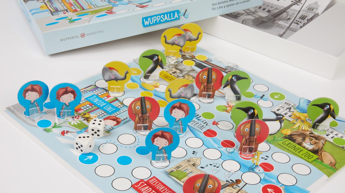 Das Brettspiel Wuppsalla: Es ist an "Mensch ärgere dich nicht" angelehnt und zeigt Motive aus Wuppertal.