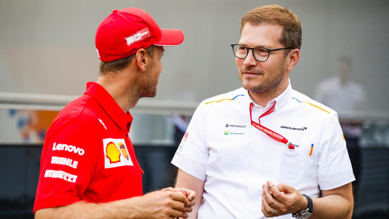 Kennen sich seit ihrer gemeinsamen Zeit 2007 bei BMW-Sauber: Ferrari-Fahrer Vettel (l.) und McLaren-Teamchef Andreas Seidl (r.).