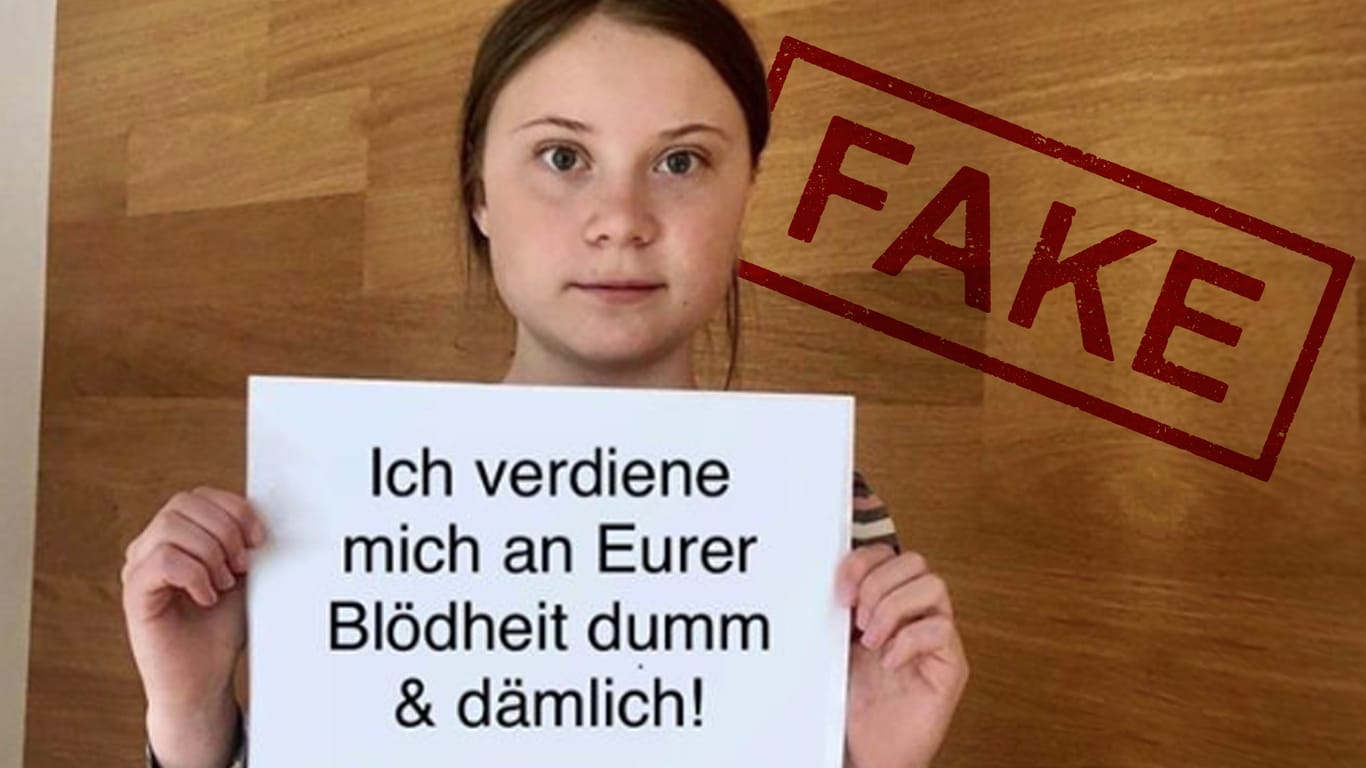 Greta hält ein Schild hoch: Die Aufschrift auf dem Schild wurde gefälscht und kursierte so in den Sozialen Medien. In dem Original-Foto stand "Let Russia strike for Climate" auf dem Zettel.