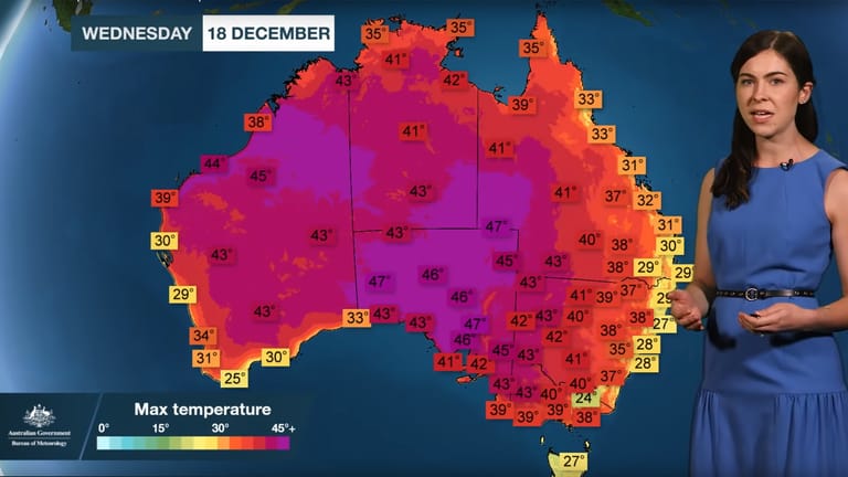 Standbild aus der Wetterprognose des australischen Wetterdienstes: Am Dienstag wurde ein neuer Hitzerekord aufgestellt, der schon bald wieder gebrochen werden könnte.