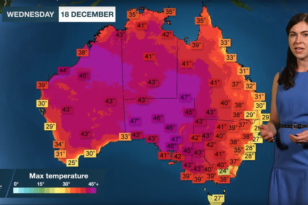 Standbild aus der Wetterprognose des australischen Wetterdienstes: Am Dienstag wurde ein neuer Hitzerekord aufgestellt, der schon bald wieder gebrochen werden könnte.