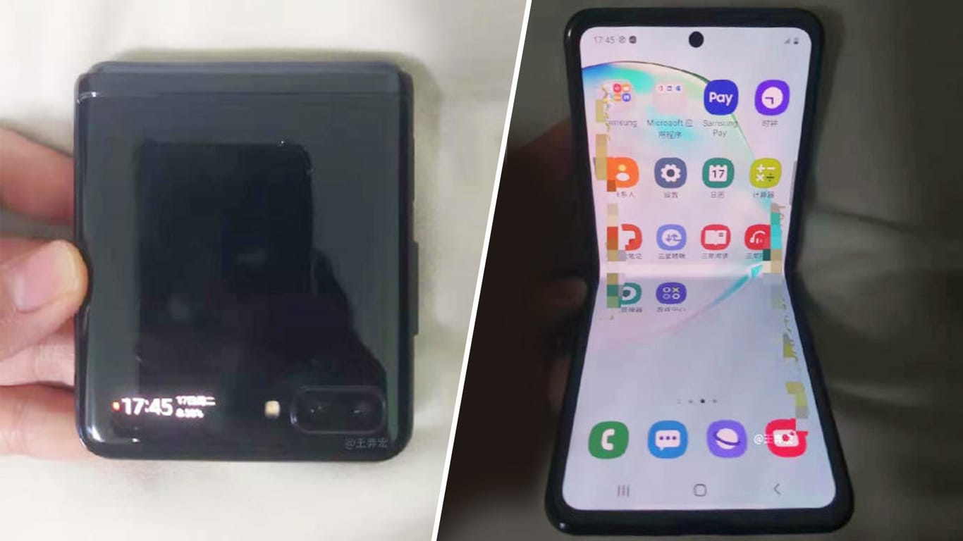 Ein geöffnetes Smartphone (links) und das zusammengeklappte Smartphone (rechts): Diese Fotos sollen das Clamshell Galaxy Fold zeigen.