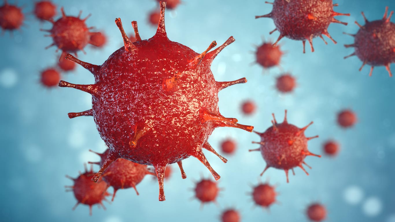 3D-Illustration eines Virus: Das Immunsystem wehrt Bakterien, Viren, Pilze, andere Organismen wie Würmer, körperfremde Proteine, entartete Krebszellen und freie Radikale ab.