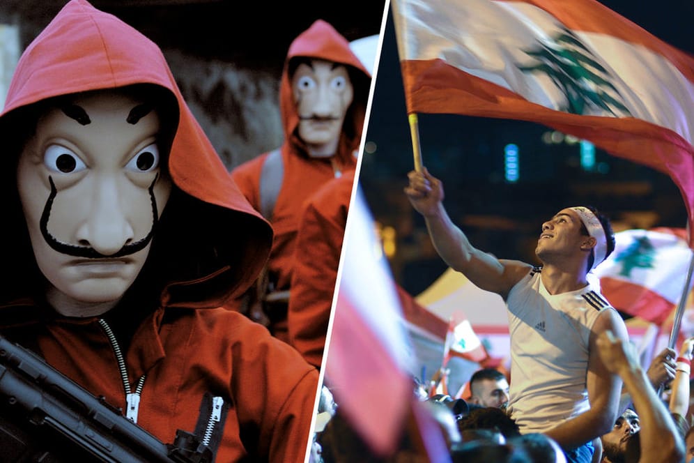 "Bella Ciao": Links die Bankräuber aus der Serie "Haus des Geldes", rechts eine Demonstration im Libanon. Ein Lied aus der Serie wird bei Demonstrationen weltweit gesungen.