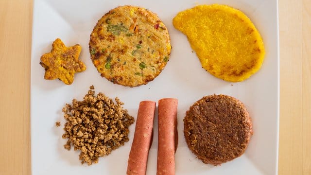Verschiedene vegane und vegetarische Fleischersatzprodukte liegen auf einem Teller. Verschiedene vegane und vegetarische Fleischersatzprodukte liegen auf einem Teller.