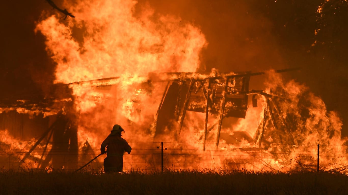 Australien: Ein Feuerwehrmann bekämpft die Flammen des "Gosper Mountain"-Feuers, die ein Gebäude erreicht haben.