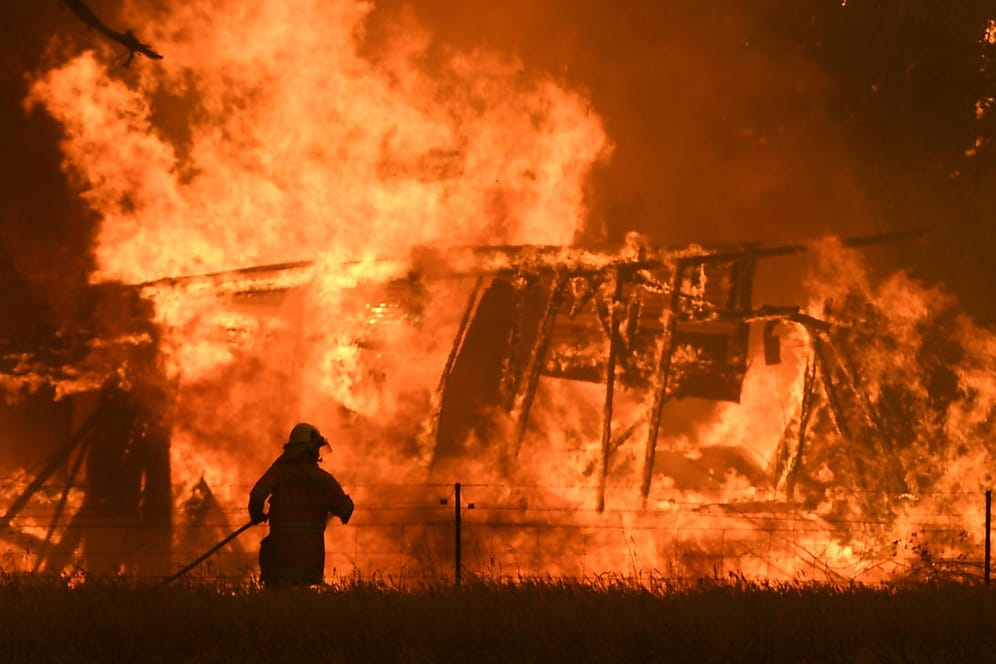 Australien: Ein Feuerwehrmann bekämpft die Flammen des "Gosper Mountain"-Feuers, die ein Gebäude erreicht haben.
