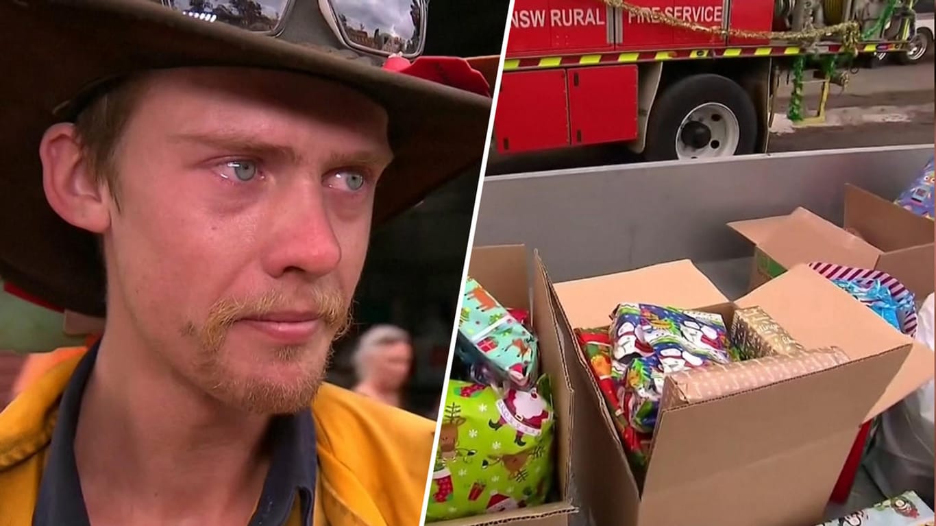 Feuerwehrmann Andrew Johnson: Im Interview bricht er in Tränen aus, nachdem er gegen die australischen Buschfeuer ankämpfte und zu Weihnachten Geschenke von Anwohner erhält.