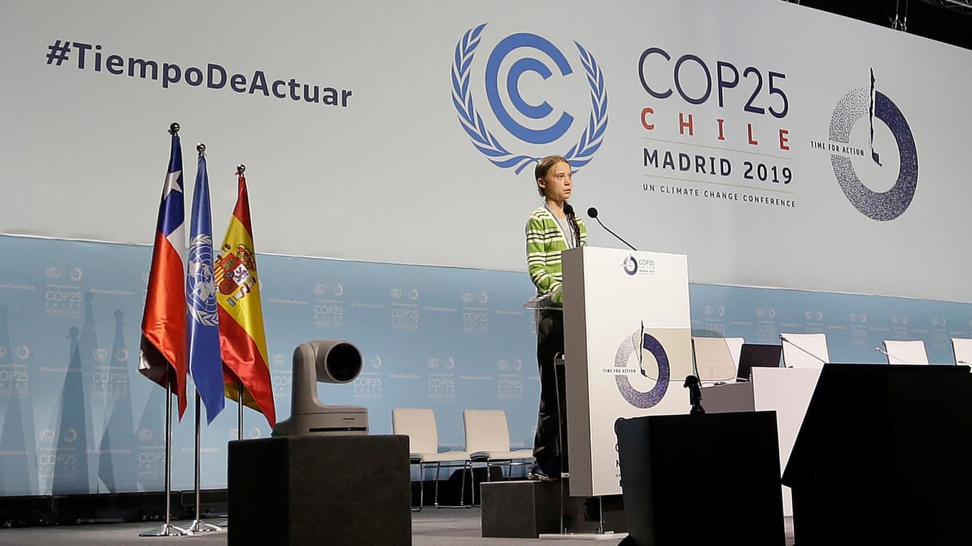 Auftritt beim Klimagipfel: In Madrid ruft die Klimaaktivistin die Staats- und Regierungschefs zum Handeln auf.