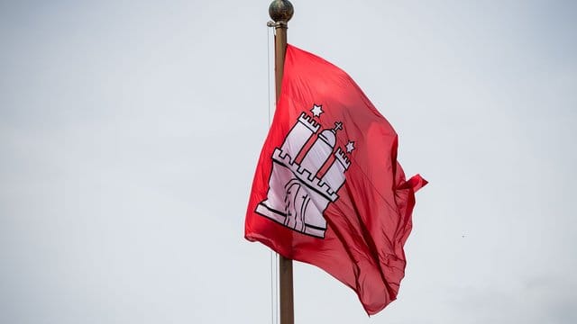Die Fahne mit dem Wappen Hamburgs vor dem Rathaus der Hansestadt.