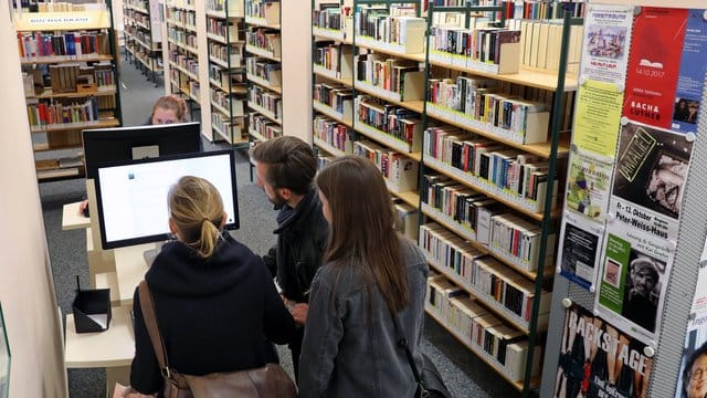 Besucher einer Stadtbibliothek informieren sich an einem Computer. Besucher einer Stadtbibliothek informieren sich an einem Computer.