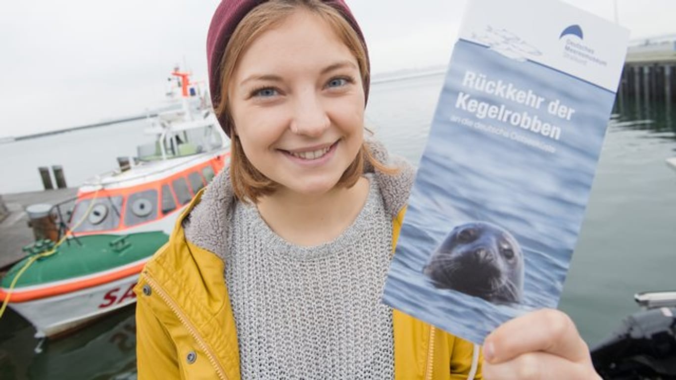 Linda Westphal, Meeresbiologin am Deutschen Meeresmuseum,zeigt eine Broschüre zur Rückkehr der Kegelrobben in der Ostsee.