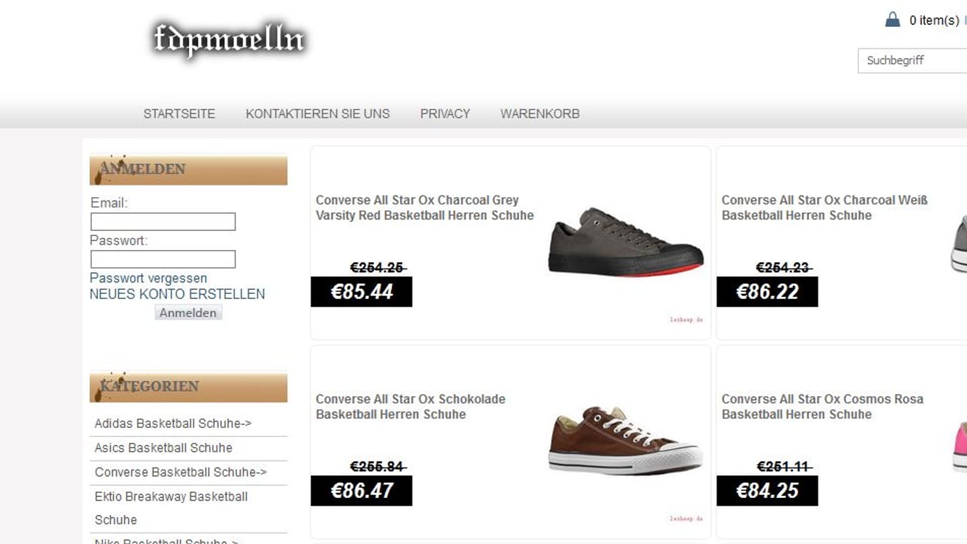 Ein Screenshot von "fdpmoelln.de": Auf der ehemaligen Website der FDP Mölln werden nun Sneaker angeboten.