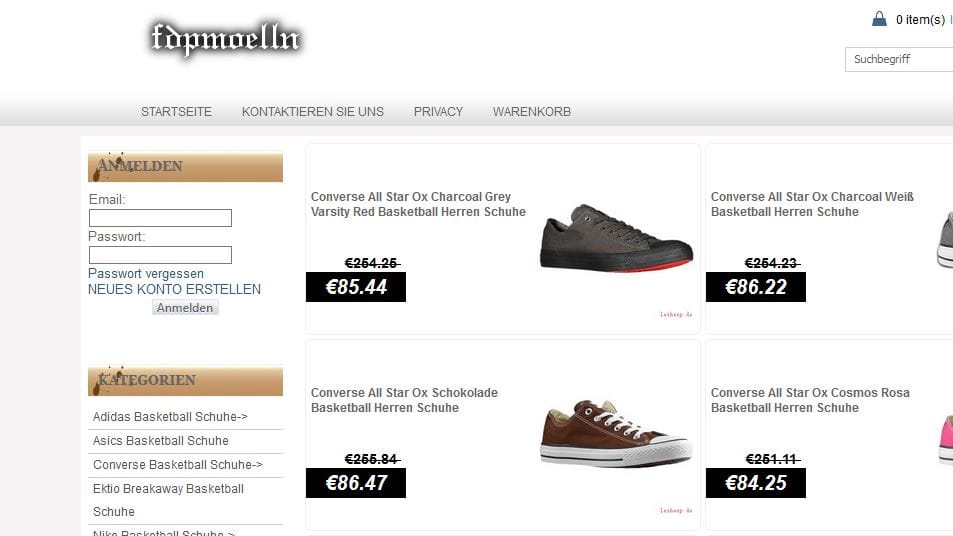 Ein Screenshot von "fdpmoelln.de": Auf der ehemaligen Website der FDP Mölln werden nun Sneaker angeboten.