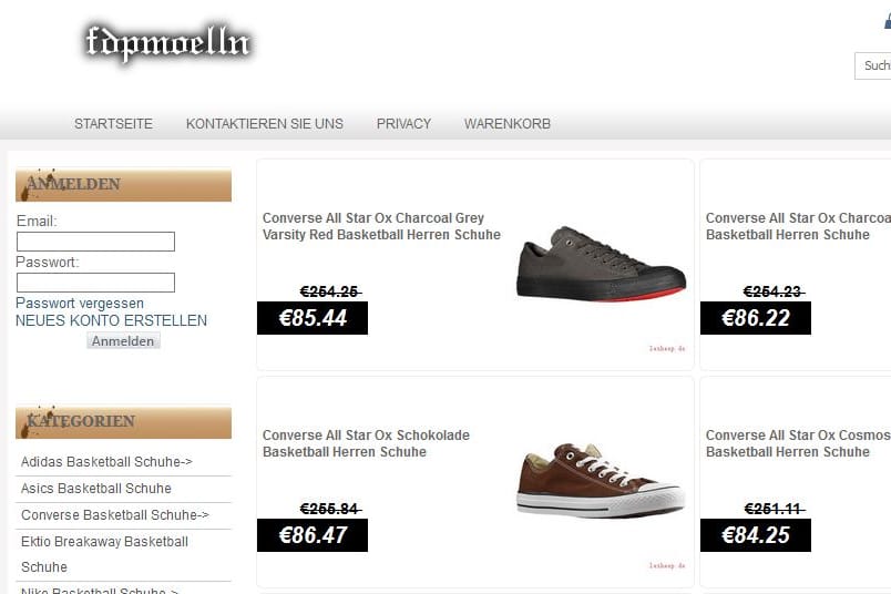 Ein Screenshot von "fdpmoelln.de": Auf der ehemaligen Website der FDP Mölln werden nun Sneaker angeboten.