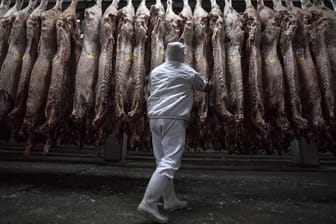Ein Arbeiter kontrolliert Fleisch in einem Schlachthaus: Der verunglückte Mann starb sofort. (Symbolbild)