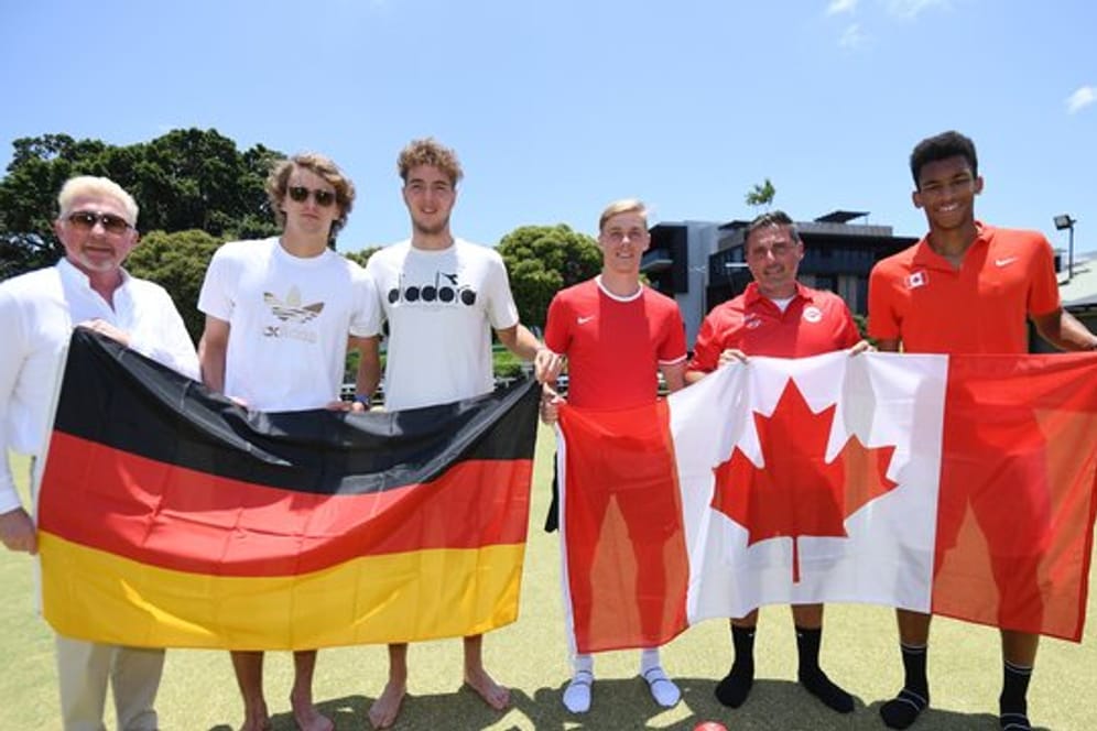 Das deutsche Team um Kapitän Boris Becker, Alexander Zverev und Jan-Lennard Struff (l-r) trifft unter anderem auf Kanada.