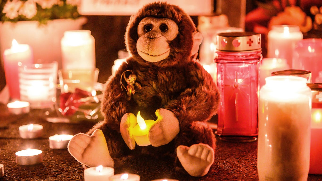 Ein Stoffaffe und Kerzen vor dem Krefelder Zoo: Die Trauer um die 30 verbrannten Tiere ist groß.