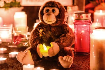 Ein Stoffaffe und Kerzen vor dem Krefelder Zoo: Die Trauer um die 30 verbrannten Tiere ist groß.