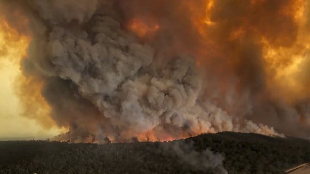 Dichte Rauchwolken über einem Wald im Ort Bairnsdale.