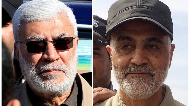 Der stellvertretende Leiter der irakischen Volksmobilisierungskräfte, Abu Mahdi al-Muhandis (l.), und der Kommandeur der iranischen Al-Kuds-Brigaden, Ghassem Soleimani.