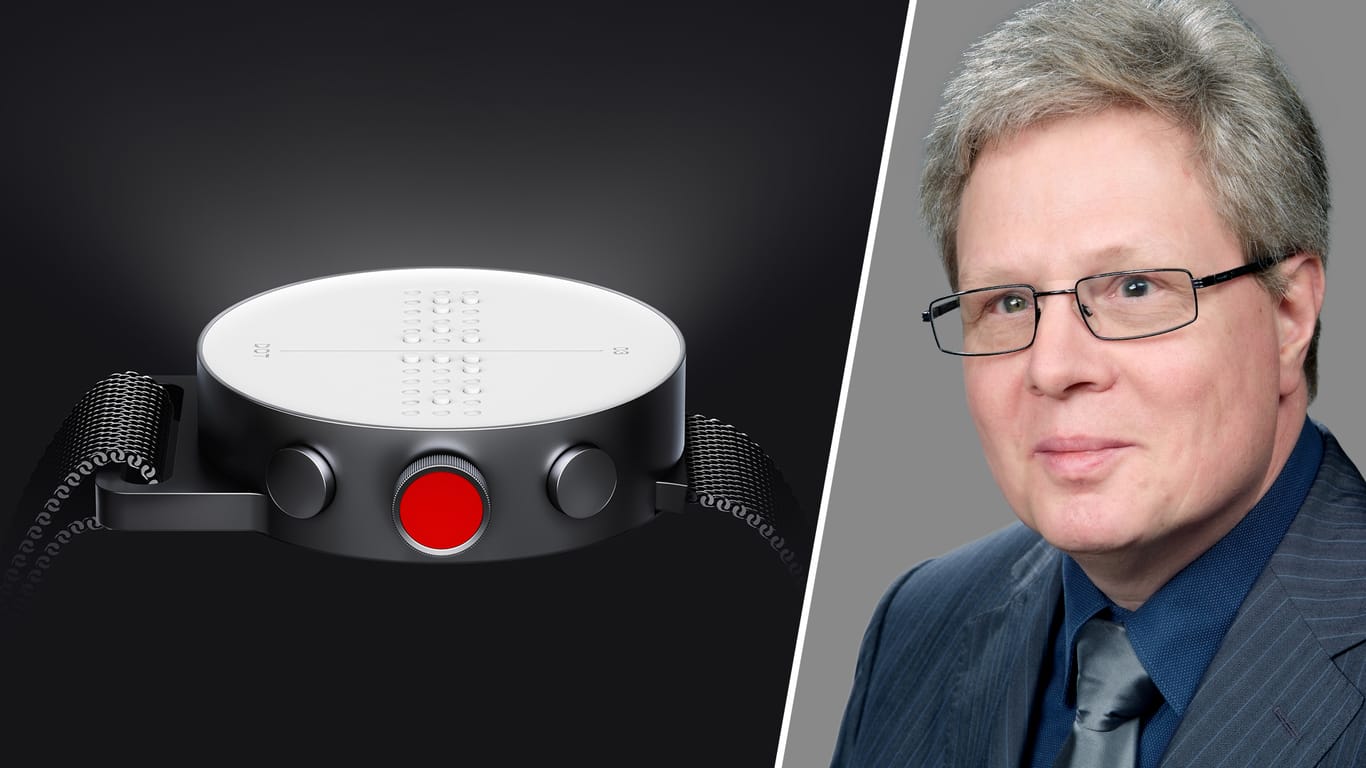 Smartwatch mit Braille-Schrift (l.) – Thomas Kahlisch (r.): Digitale Technik hilft blinden Menschen im Alltag und im Beruf.