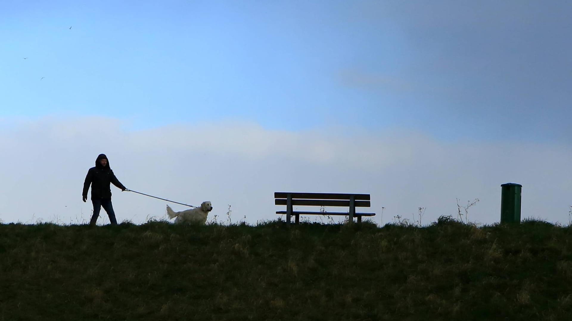 Ein Mann mit Hund auf dem Deich bei Dormagen: Der Tote wurde an einer unzugänglichen Stelle am Fluss gefunden. (Symbolbild) Ein Mann mit Hund auf dem Deich bei Dormagen: Der Tote wurde an einer unzugänglichen Stelle am Fluss gefunden. (Symbolbild)