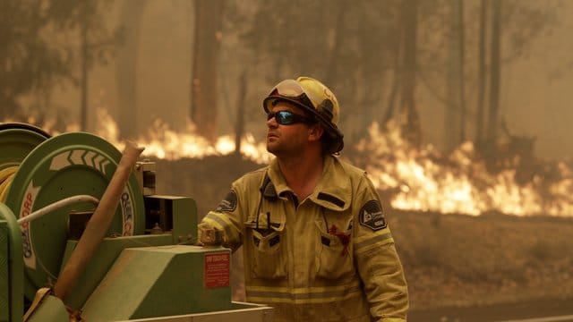 Kampf gegen die Flammen: Ein Mitarbeiter der Forest Corporation in der Nähe von Moruya. Kampf gegen die Flammen: Ein Mitarbeiter der Forest Corporation in der Nähe von Moruya.