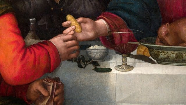 "Das letzte Abendmahl" von Plautilla Nelli (Ausschnitt): Jesus gibt Judas ein Stück Brot. "Das letzte Abendmahl" von Plautilla Nelli (Ausschnitt): Jesus gibt Judas ein Stück Brot.