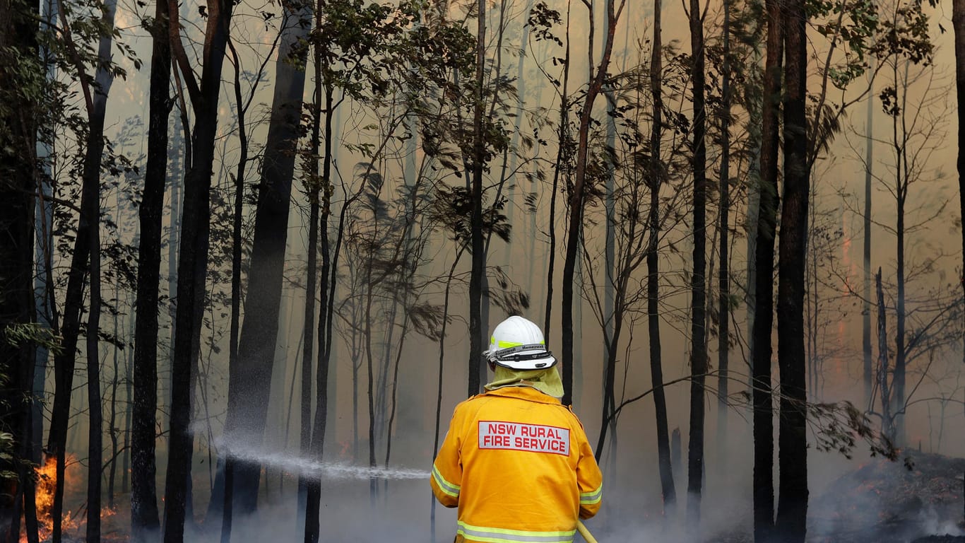 Ein Einsatz in Tomerong im Bundesstaat New South Wales: Ein Buschfeuer, welches gelegt wurde um einen größeren Brand in der Nähe einzudämmen, wird von der Feuerwehr unter Kontrolle gebracht.
