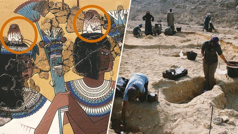 Antike Darstellung des "Kegelhütchens, Ausgrabungen in Achet-Aton (heute Amarna): Der Zwecke der Kopfbedckungen ist mysteriös.