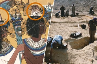 Antike Darstellung des "Kegelhütchens, Ausgrabungen in Achet-Aton (heute Amarna): Der Zwecke der Kopfbedckungen ist mysteriös.