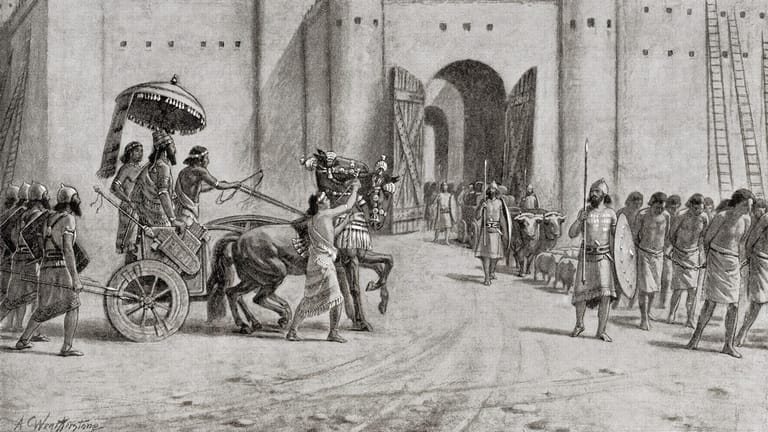 Eroberungszug: 732 v. Chr. eroberten die Asssyrer das reiche Damaskus (Skizze).