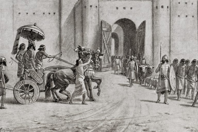 Eroberungszug: 732 v. Chr. eroberten die Asssyrer das reiche Damaskus (Skizze).