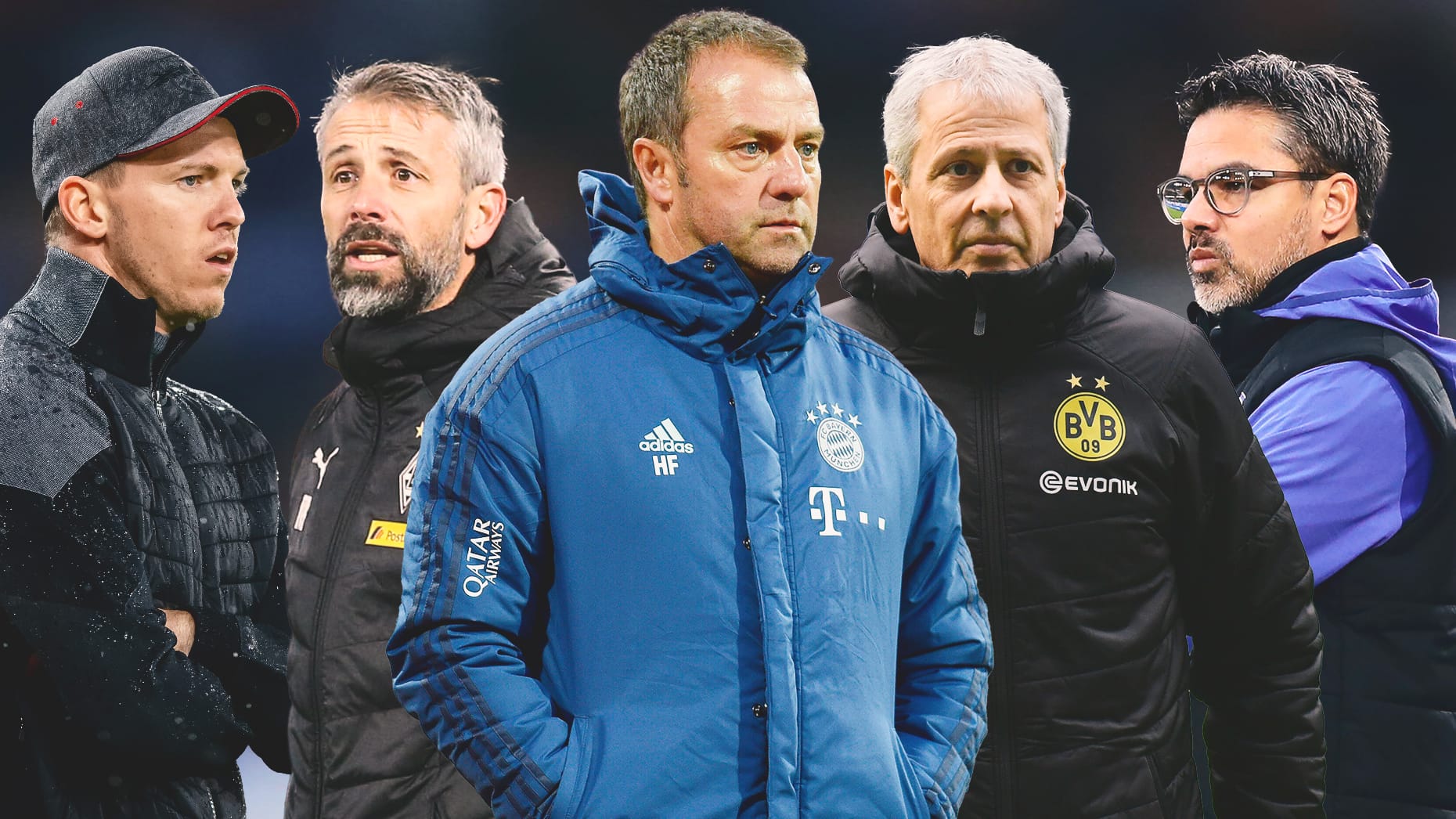 Von links nach rechts: Julian Nagelsmann (Leipzig), Marco Rose (Gladbach), Hansi Flick (FC Bayern),Lucien Favre (Dortmund) David Wagner (Schalke) basteln am Kader für die Rückrunde. Von links nach rechts: Julian Nagelsmann (Leipzig), Marco Rose (Gladbach), Hansi Flick (FC Bayern),Lucien Favre (Dortmund) David Wagner (Schalke) basteln am Kader für die Rückrunde.