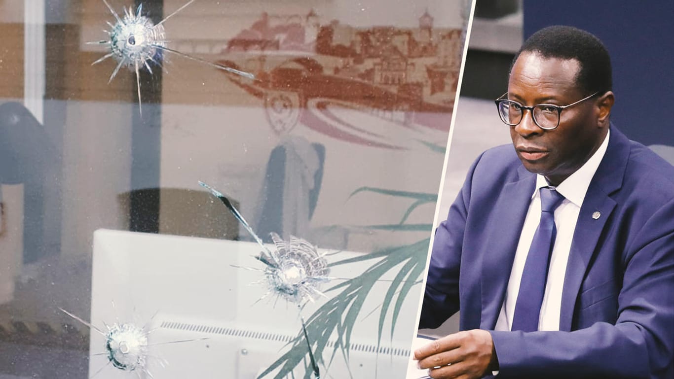 Schüsse aufs Büro: Der SPD-Bundestagsabgeordnete Karamba Diaby postete das Foto der Scheibe mit den Einschusslöchern.