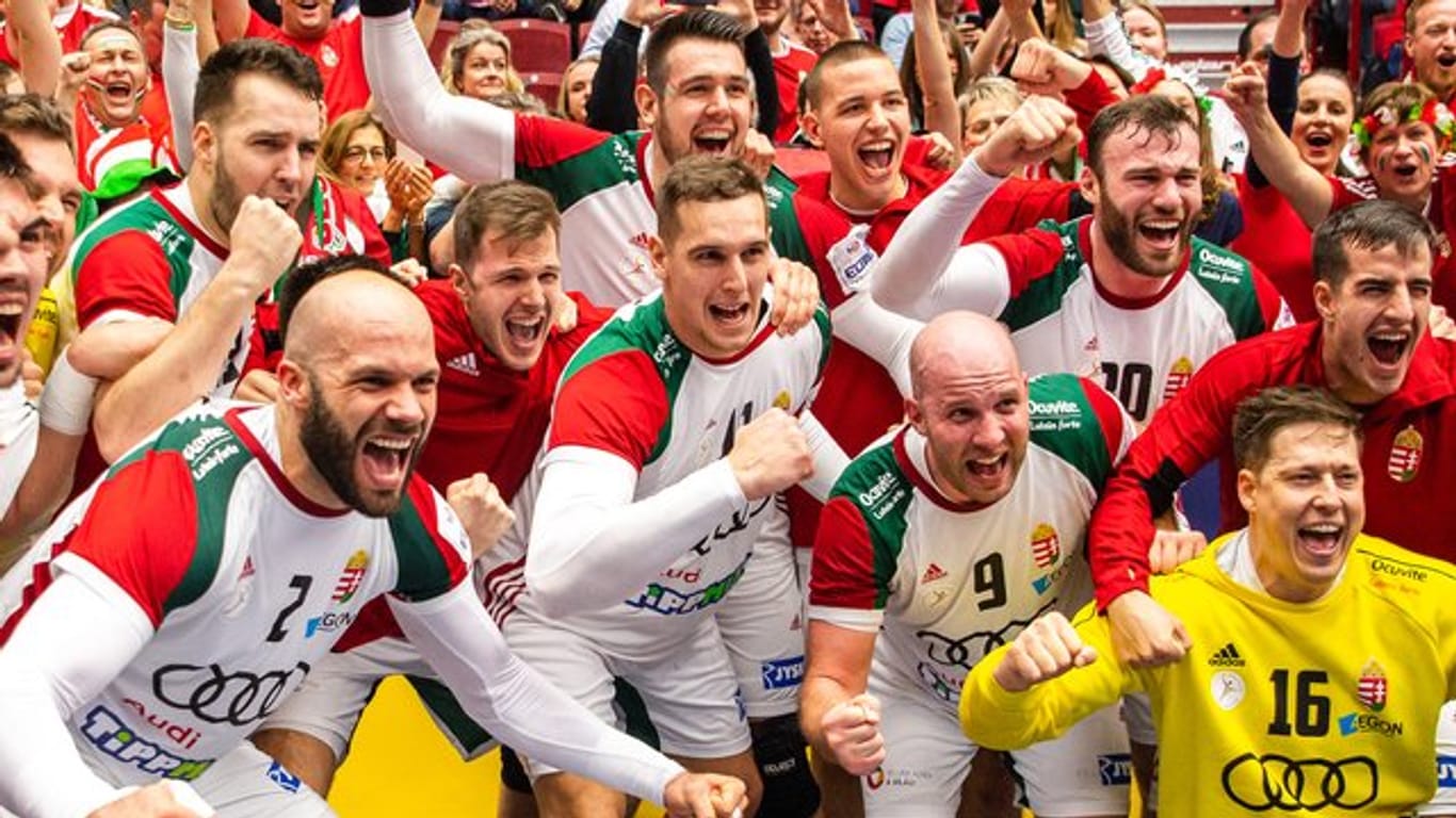 Die ungarischen Spieler feiern den Sieg über Island.