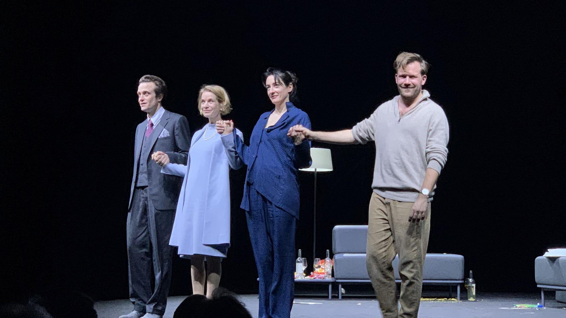 August Diehl, Judith Engel, Constanze Becker, Nico Holonics nach der Premiere am Berliner Ensemble.