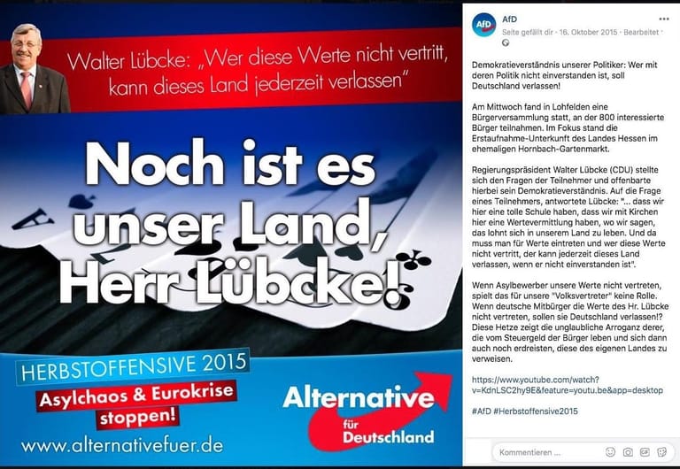 Die AfD postete zwei Tage nach der Bürgerversammlung einen Link zu dem Video, das nach t-online.de-Informationen offenbar Stephan E. und Markus H. im Netz verbreitet sehen wollten, um gegen die Regierenden aufzuwiegeln, wie E. in einem Geständnis sagte.