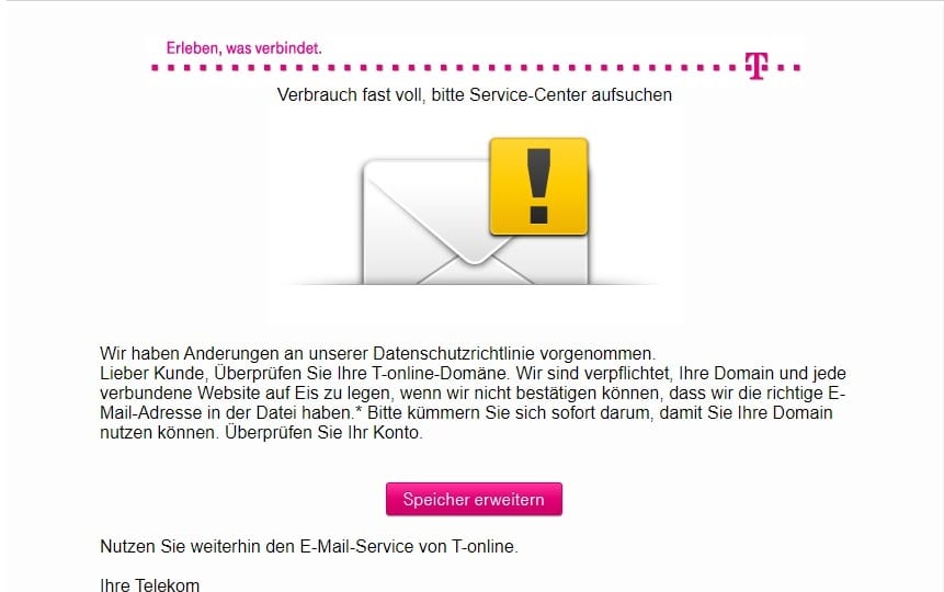Eine aktuelle Phishing-E-Mail im Namen der Telekom.