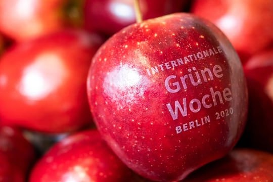 Beim Lasern von Logos oder Kennzeichnungen wird die Farbe aus der obersten Zellschicht von Obst oder Gemüse entfernt - wie hier bei einem Apfel auf der Grünen Woche.