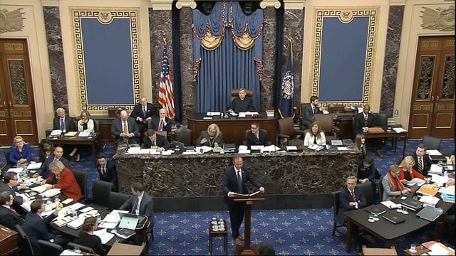 Videostandbild aus dem US-Senat: Der demokratische Kongressabgeordnete Adam Schiff, Vorsitzender des Geheimdienstausschusses, spricht während des Amtsenthebungsverfahrens gegen US-Präsident Trump. Videostandbild aus dem US-Senat: Der demokratische Kongressabgeordnete Adam Schiff, Vorsitzender des Geheimdienstausschusses, spricht während des Amtsenthebungsverfahrens gegen US-Präsident Trump.