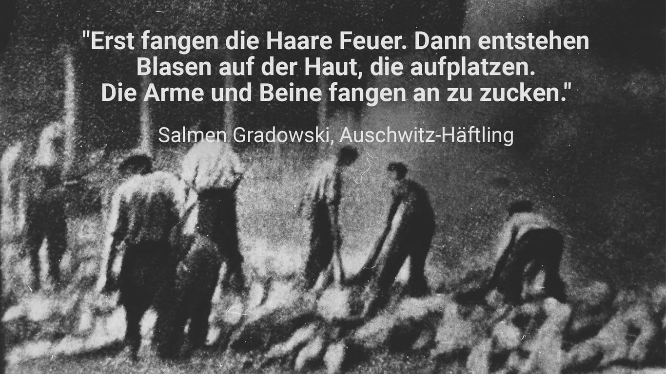 Auschwitz-Birkenau: Heimliche Aufnahme der Verbrennung von Leichen in Gruben.