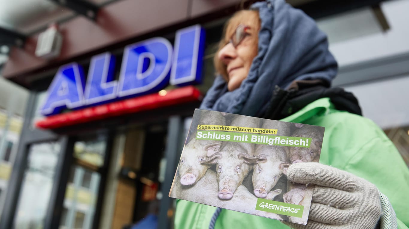 Eine Frau verteilt Flyer vor einer Aldi-Filiale in Hamburg: "Supermärkte müssen handeln: Schluss mit Billigfleisch!"