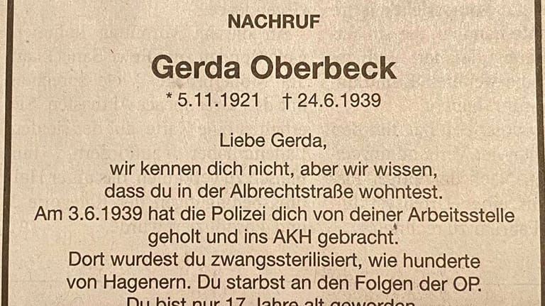 Eine Todesanzeige in einer Hagener Zeitung: Mit dieser ungewöhnlichen Aktion haben Schüler auf eine grausame Praxis der Nationalsozialisten aufmerksam gemacht.