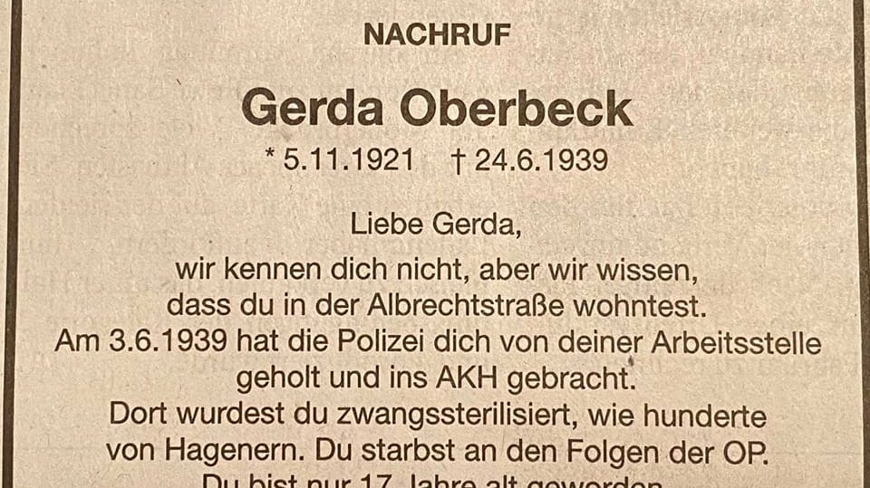 Eine Todesanzeige in einer Hagener Zeitung: Mit dieser ungewöhnlichen Aktion haben Schüler auf eine grausame Praxis der Nationalsozialisten aufmerksam gemacht.