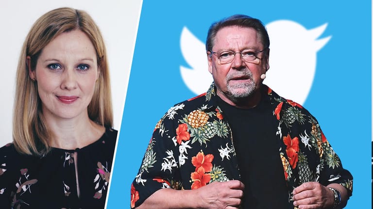 Nicole Diekmann und Jürgen von der Lippe vor dem Twitter-Symbol: Der Komiker war auf Twitter für harmlose Äußerungen schwer angegriffen worden.